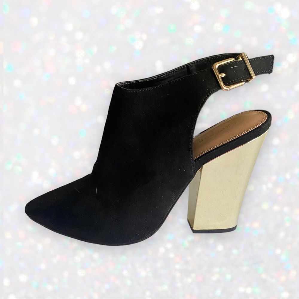 Express Black Slide-On Booties with Metallic Gold Block Heels